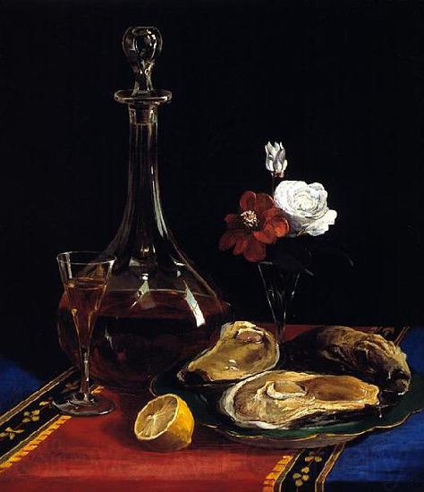 Adalbert John Volck still life by Adalbert John Volck, showing decanter of wine, oysters, small vase of flowers, slice of lemon